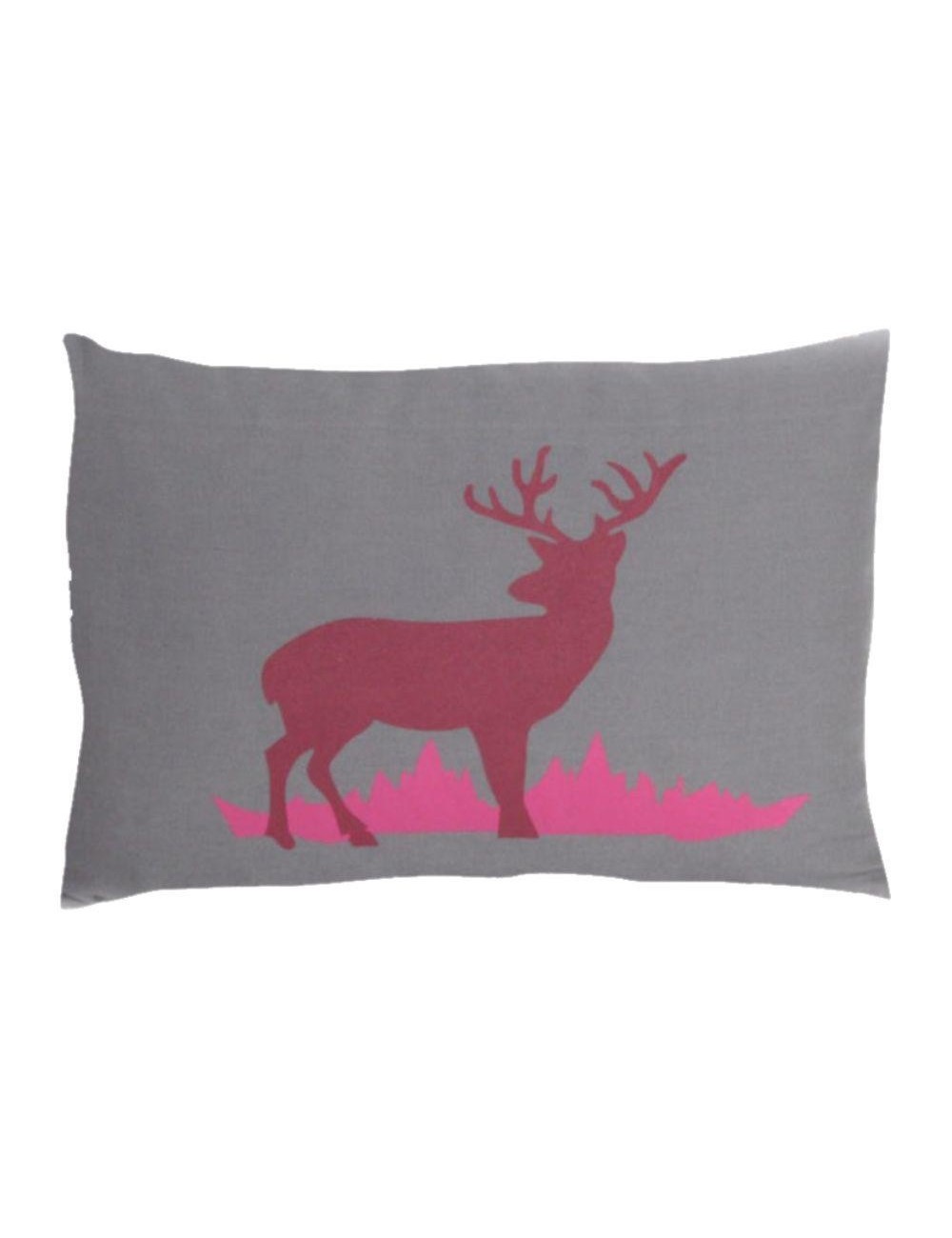 Coussin pin arolle motif cerf rose 30x20cm