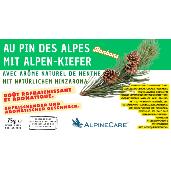 Alpinecare® 75g Bonbons mit Alpenkiefer. Entlastet den Hals.