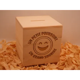 Tirelire artisanale pin d’arolle – Pourboire & sourire | 10×10,5 cm