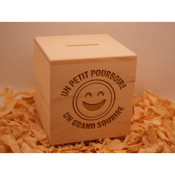 Tirelire artisanale pin d’arolle – Pourboire & sourire | 10×10,5 cm
