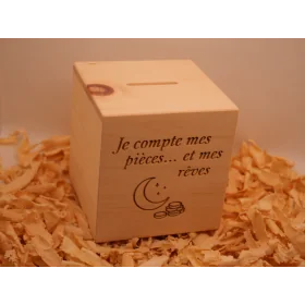 Tirelire artisanale pin d’arolle – Pièces & rêves | 10×10,5 cm