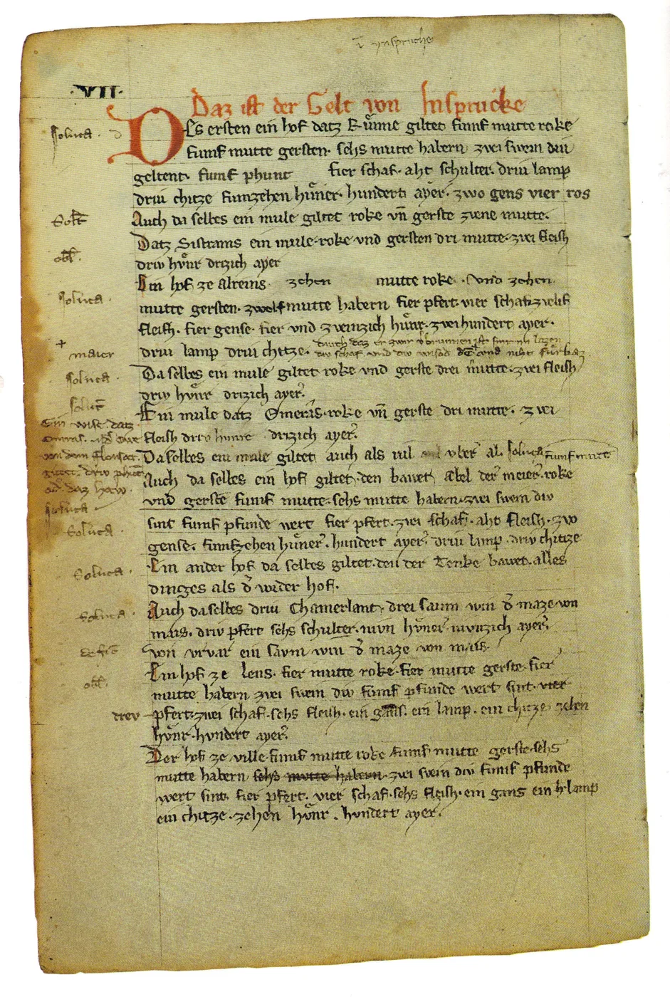 Page de l'urbaire de Meinhard II (1288), registre des biens et revenus du comte, conservé à la Bibliothèque nationale autrichienne, à Vienne.