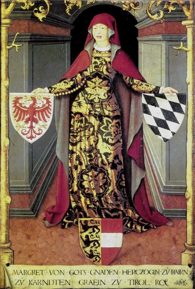 Portrait posthume de Marguerite de Tyrol, peint au XVIe siècle (collection d'Ambras), avec les armes du Tyrol, de la Bavière et de la Carinthie.