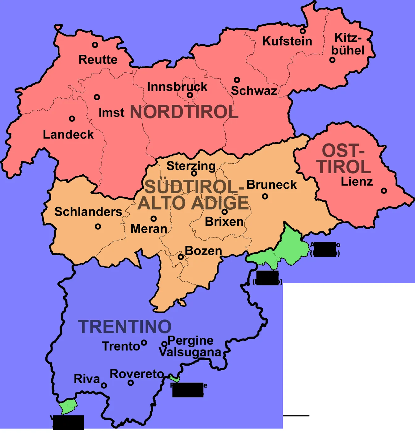 Le Tyrol historique et ses parties actuelles : Tyrol du Nord et Tyrol oriental en Autriche, Tyrol du Sud et Trentin en Italie ; en vert, des communes autrefois tyroliennes rattachées aujourd'hui à d'autres provinces italiennes.
