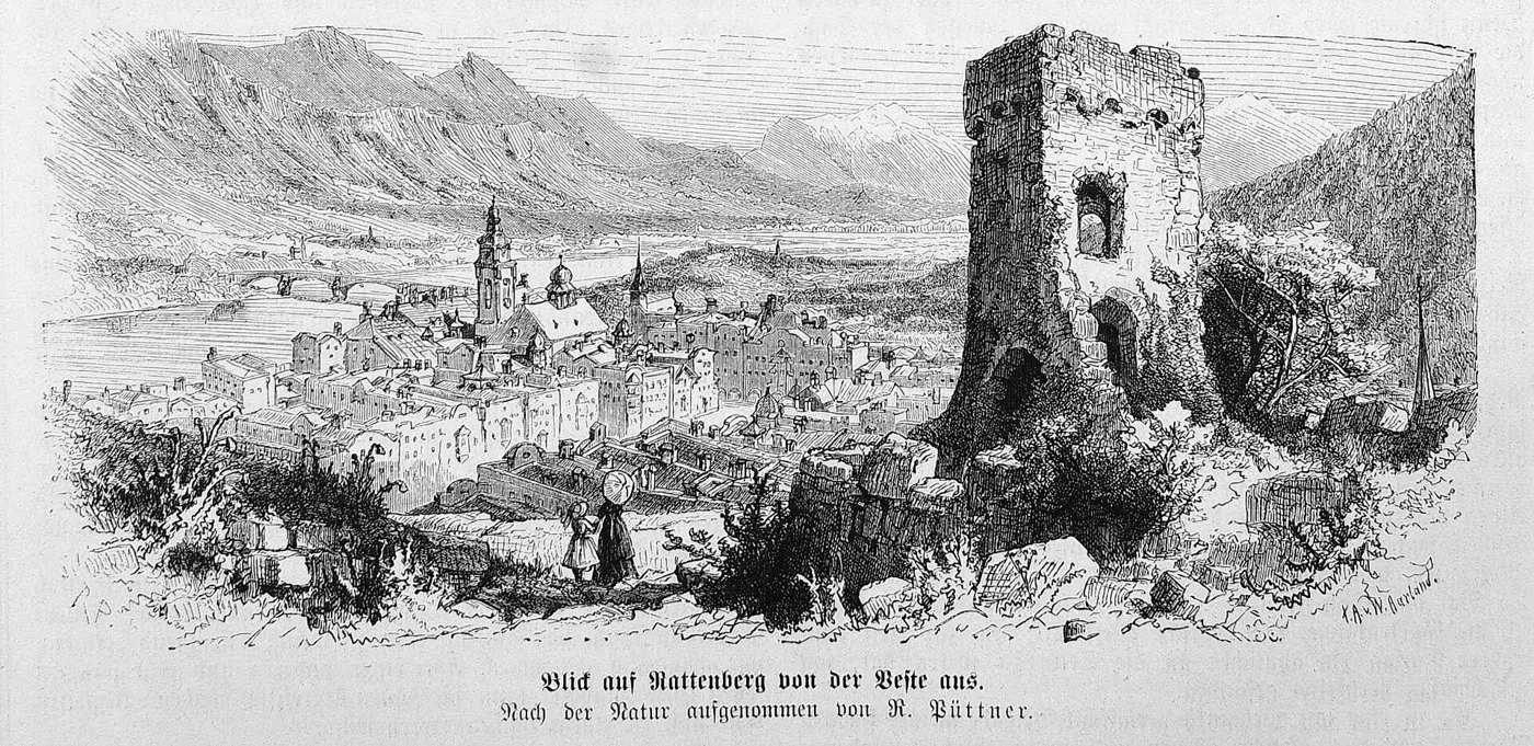 « Vue de Rattenberg depuis la forteresse » : la ville et la vallée de l'Inn vues depuis la tour en ruine du château, gravure publiée en 1874.