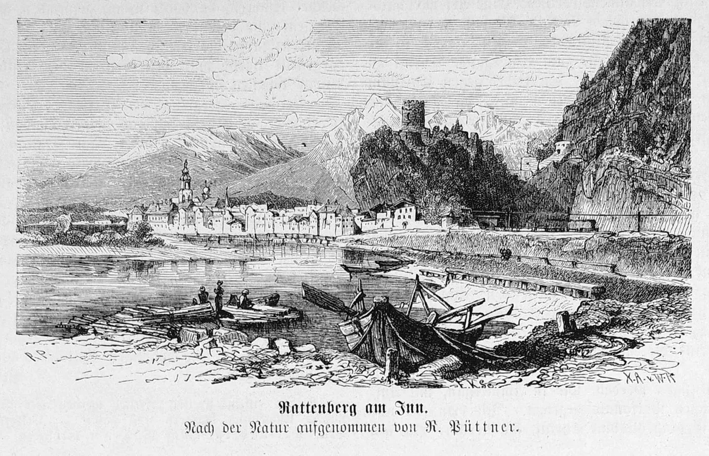 « Rattenberg am Inn » : des bateaux sur la rive de l'Inn, face à la ville et au château, gravure publiée en 1874.