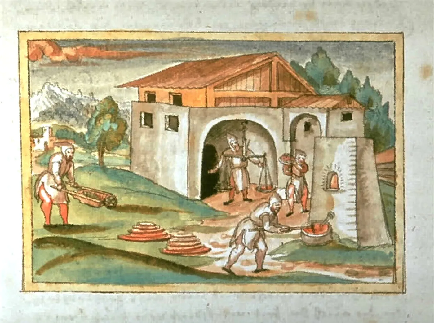 Une fonderie de minerai, illustration du Schwazer Bergbuch, le « livre des mines » de Schwaz daté de 1556.