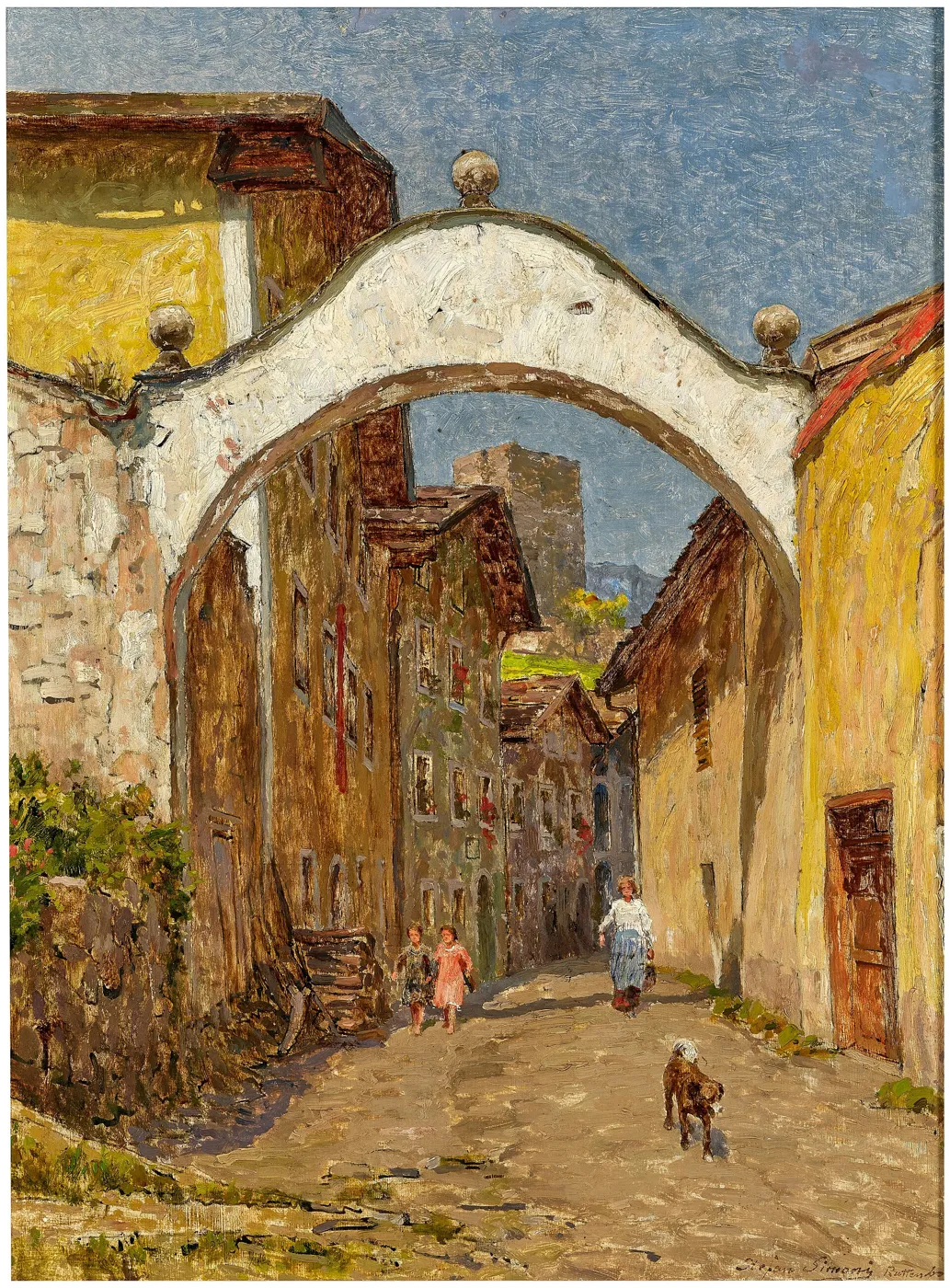 Une rue de Rattenberg et la porte de Kundl (Kundler Tor), huile sur bois, 1919.