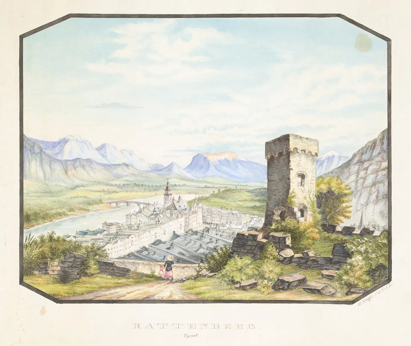 Rattenberg, aquarelle, 1886 : la tour du château en ruine veille sur la ville et la vallée de l'Inn.